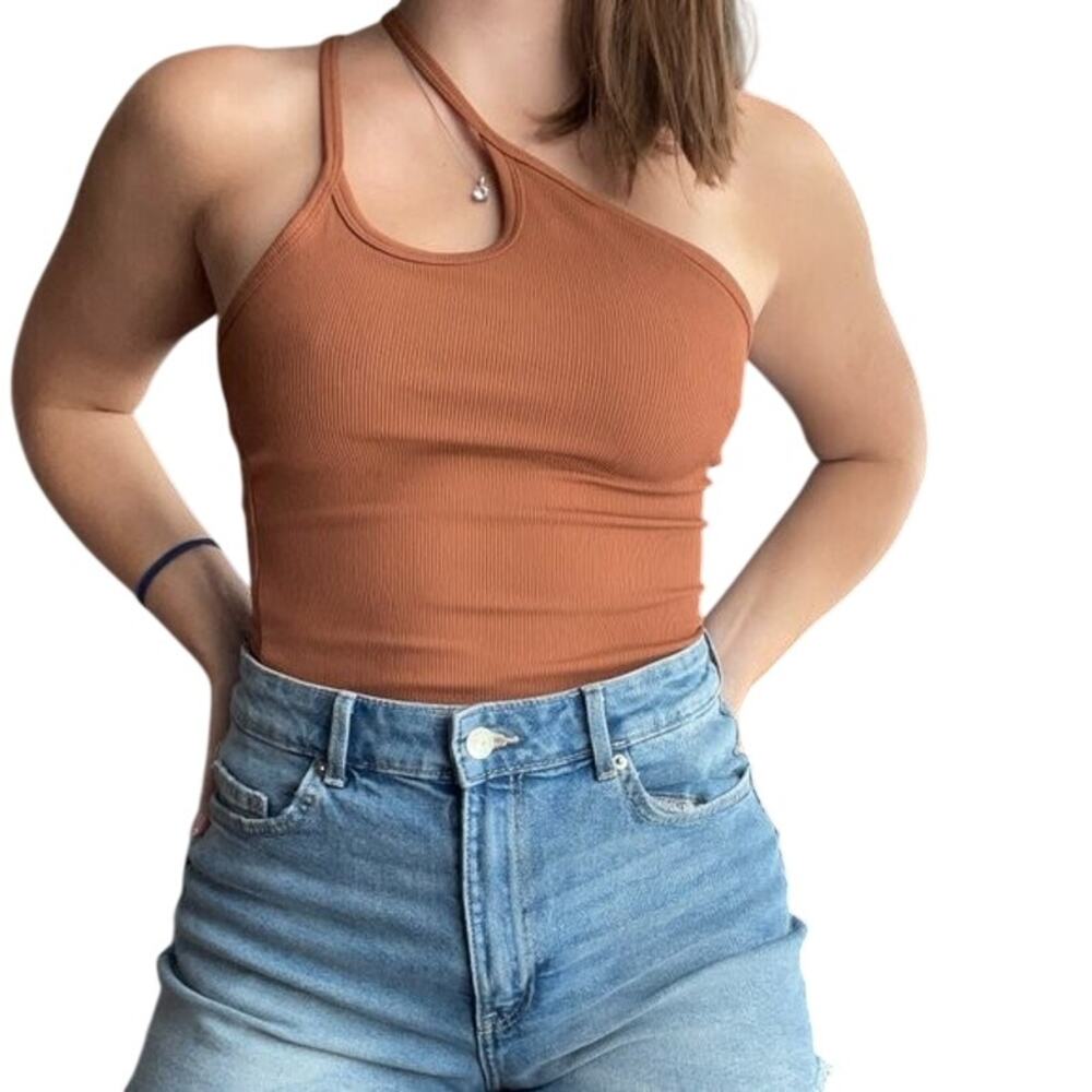 Abercrombie One Shoulder Cutout Bodysuit Small Brown Ribbed Y2K Night Out Layer